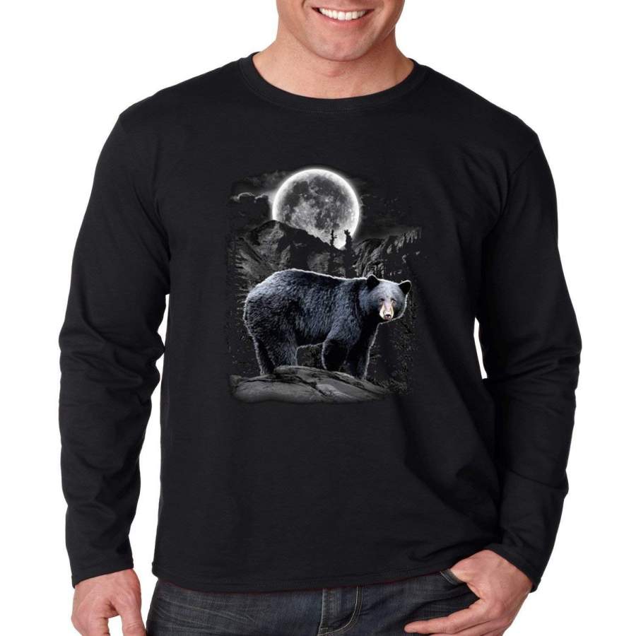 Wild Life Long Sleeve T-Shirt Moon Light Black Bear Wilderness Mens Leisure T-Shirt