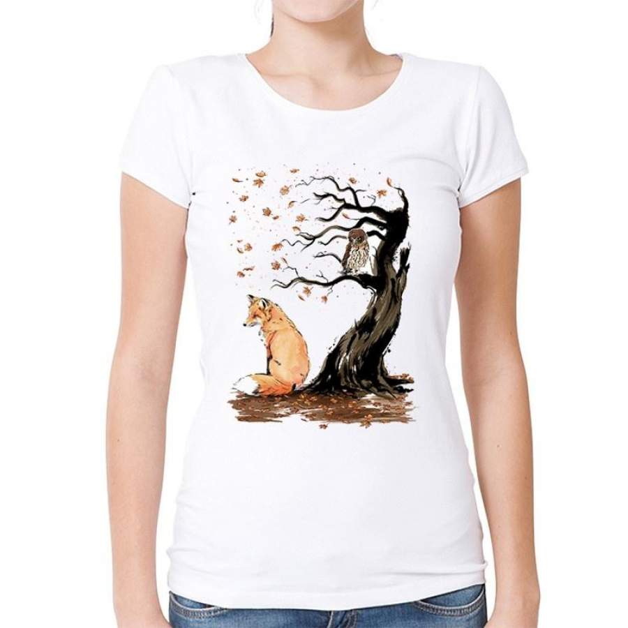 Fashion Art Autumn Tree Design Fox T Shirt Women’S Customied Printed T-Shirt Summer High Quality Casual White Tee Tops