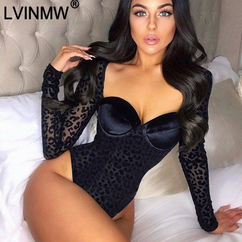 Sexy Leopard Mesh See Through Long Sleeve Bodysuit