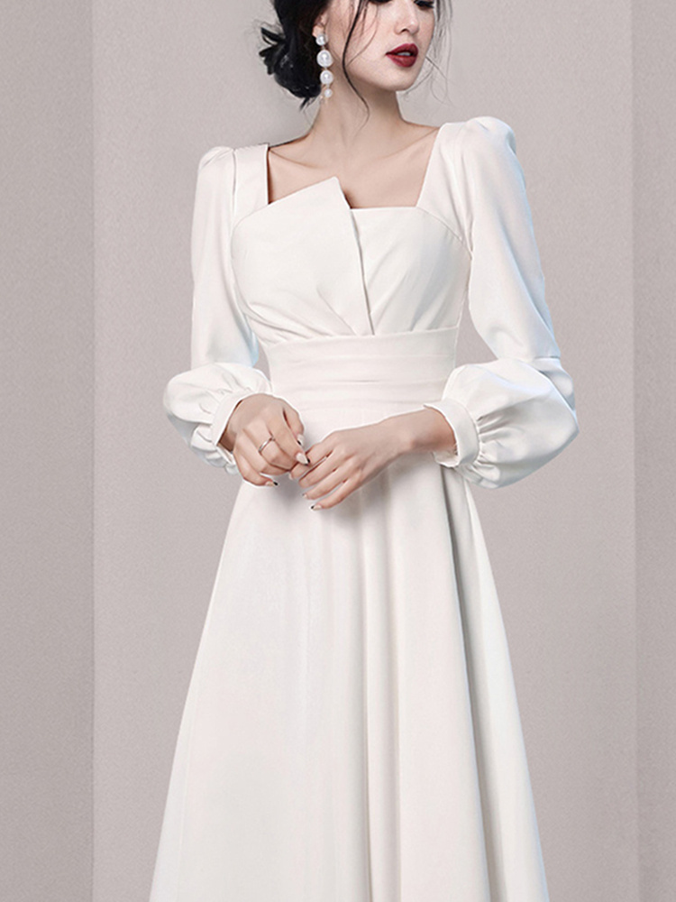2022 Spring Women White Evening Dress Elegant Long Sleeve Square Collar A-line Female High Waist Party Midi Dresses Korean Style alx