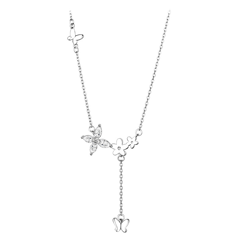 CIAXY Silver Color AAA Zircon Flower Necklaces for Women Elegant Butterfly Tassel Pendant Clavicle Chain Choker Luxury Jewelry alx