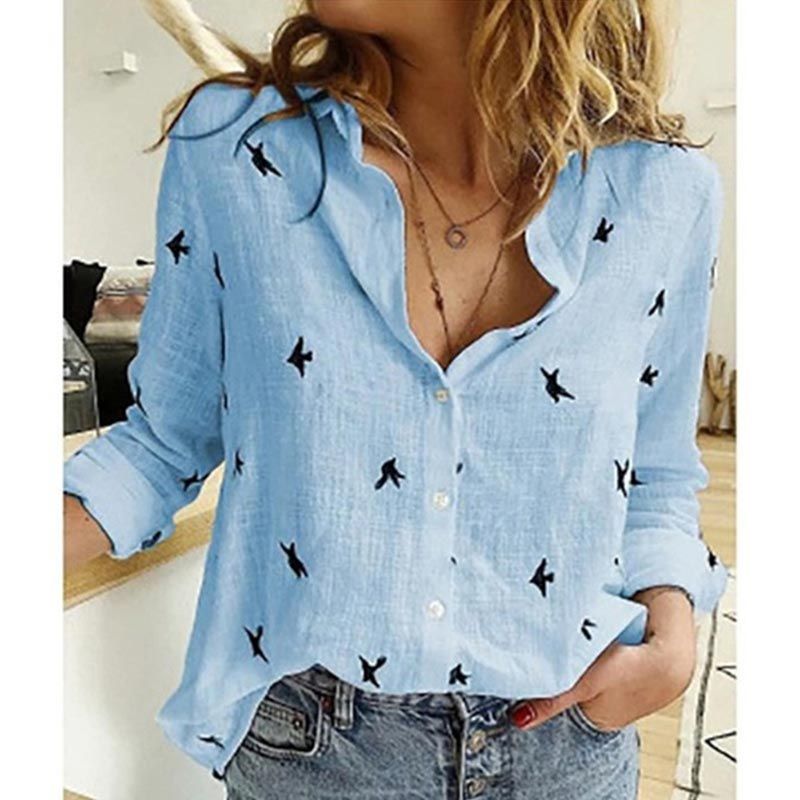 Casual Birds Print Long Sleeve Cotton and Linen Loose Shirt