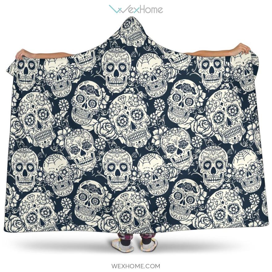 Sugar Skull Black White Pattern Hooded Blanket