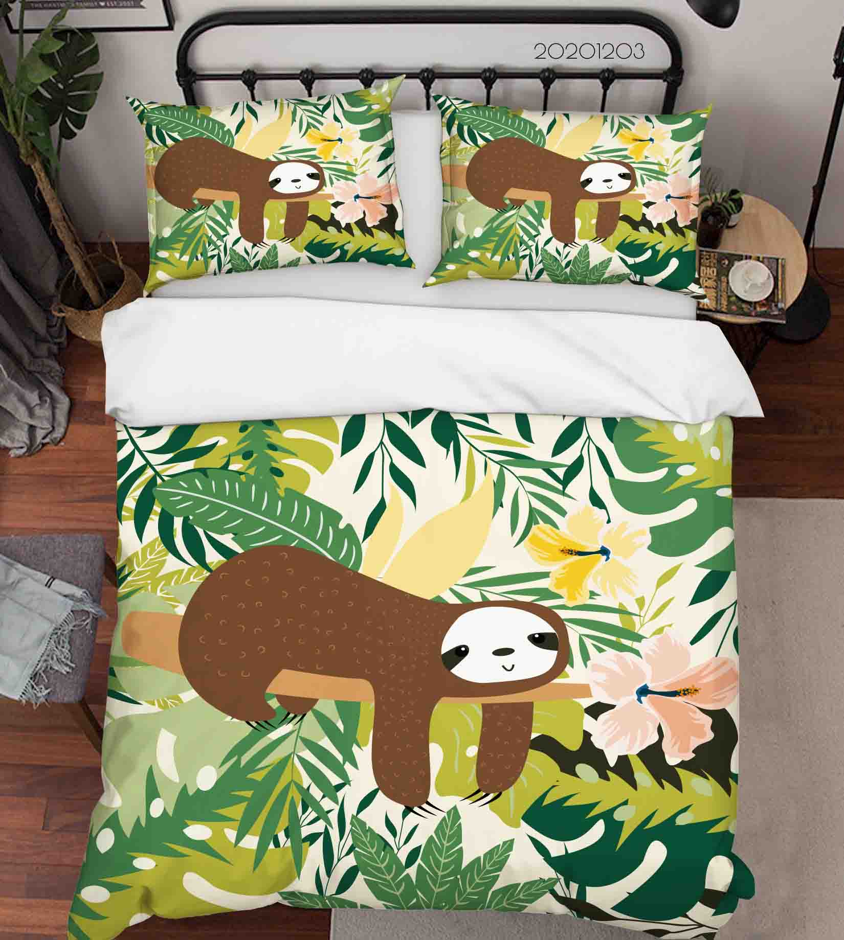 3D Hand Drawn Cartoon Sloth Animal Floral Green Leaves Plant Quilt Cover Set Bedding Set Duvet Cover Pillowcases Lxl