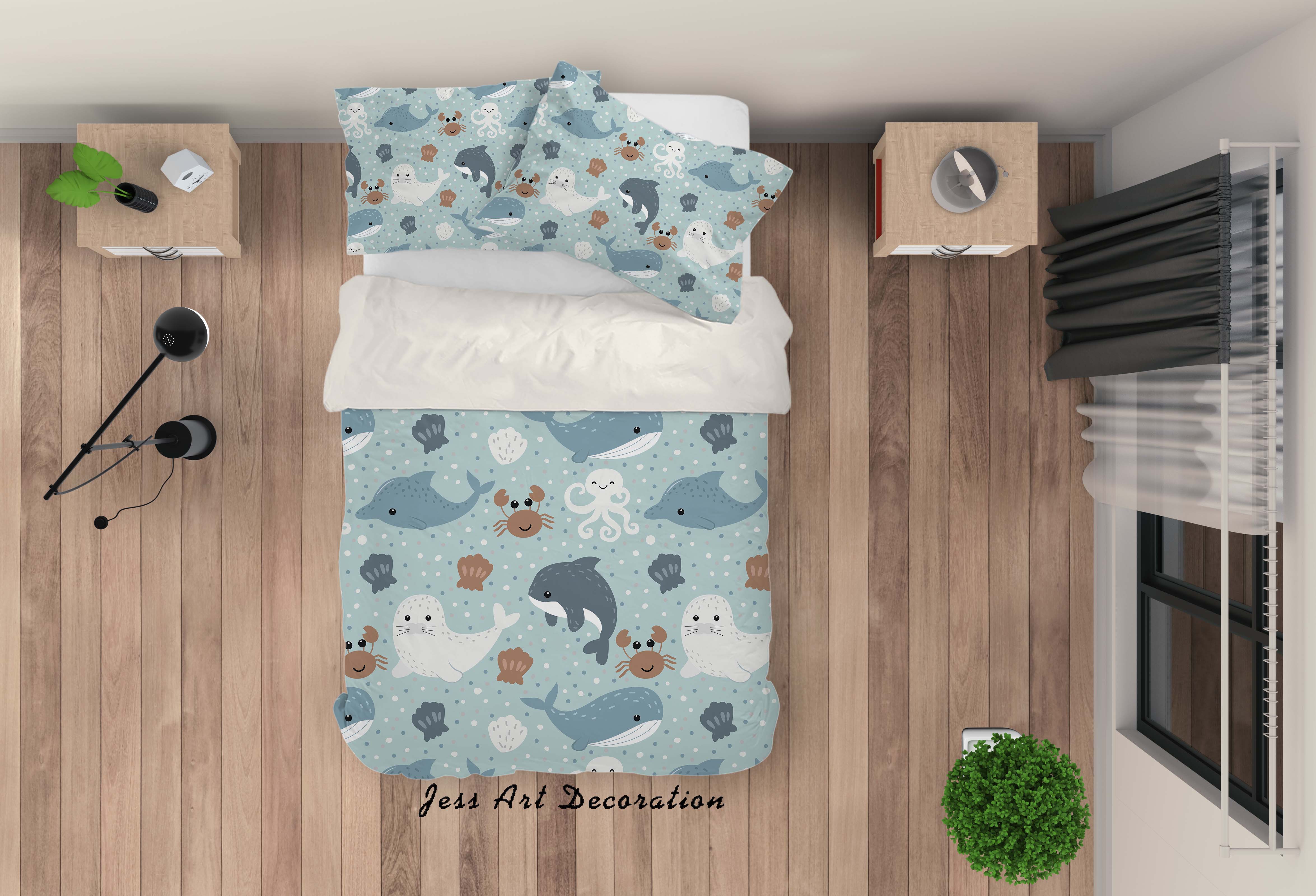 3D Cartoon Ocean Crab Shark Fish Quilt Cover Set Bedding Set Duvet Cover Pillowcases Lxl