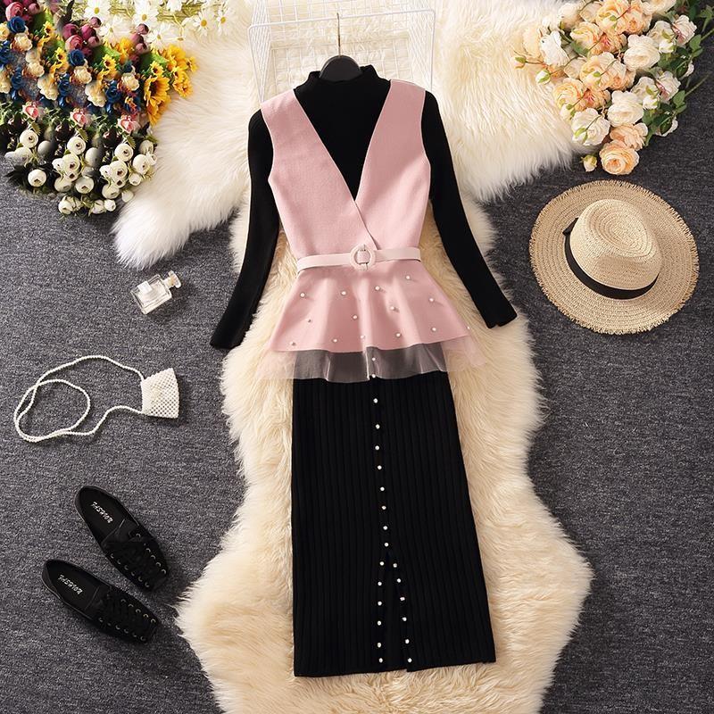 Women 2022 Spring Autumn Knitted 3 Pieces Set Female V-Neck Beaded Vest+Long Sleeve Pullover Sweater And Pencil Skirt Suit E362 alx