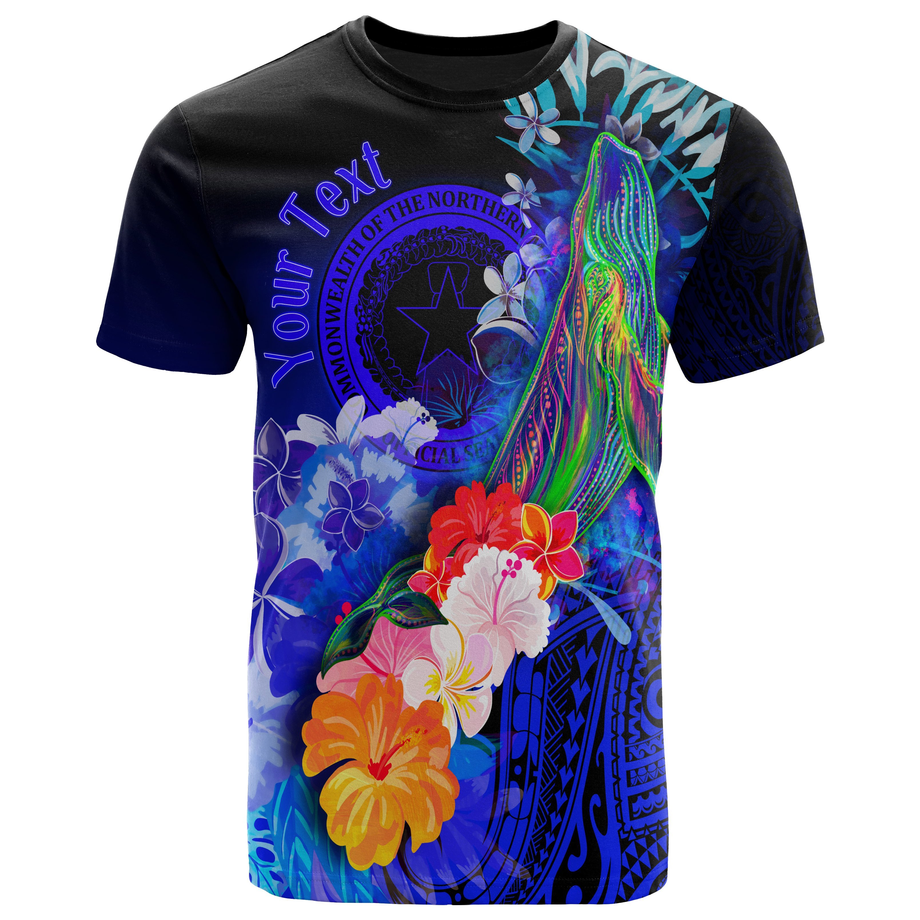 CNMI Personalised T-Shirt – Humpback Whale with Tropical Flowers (Blue) – BN18