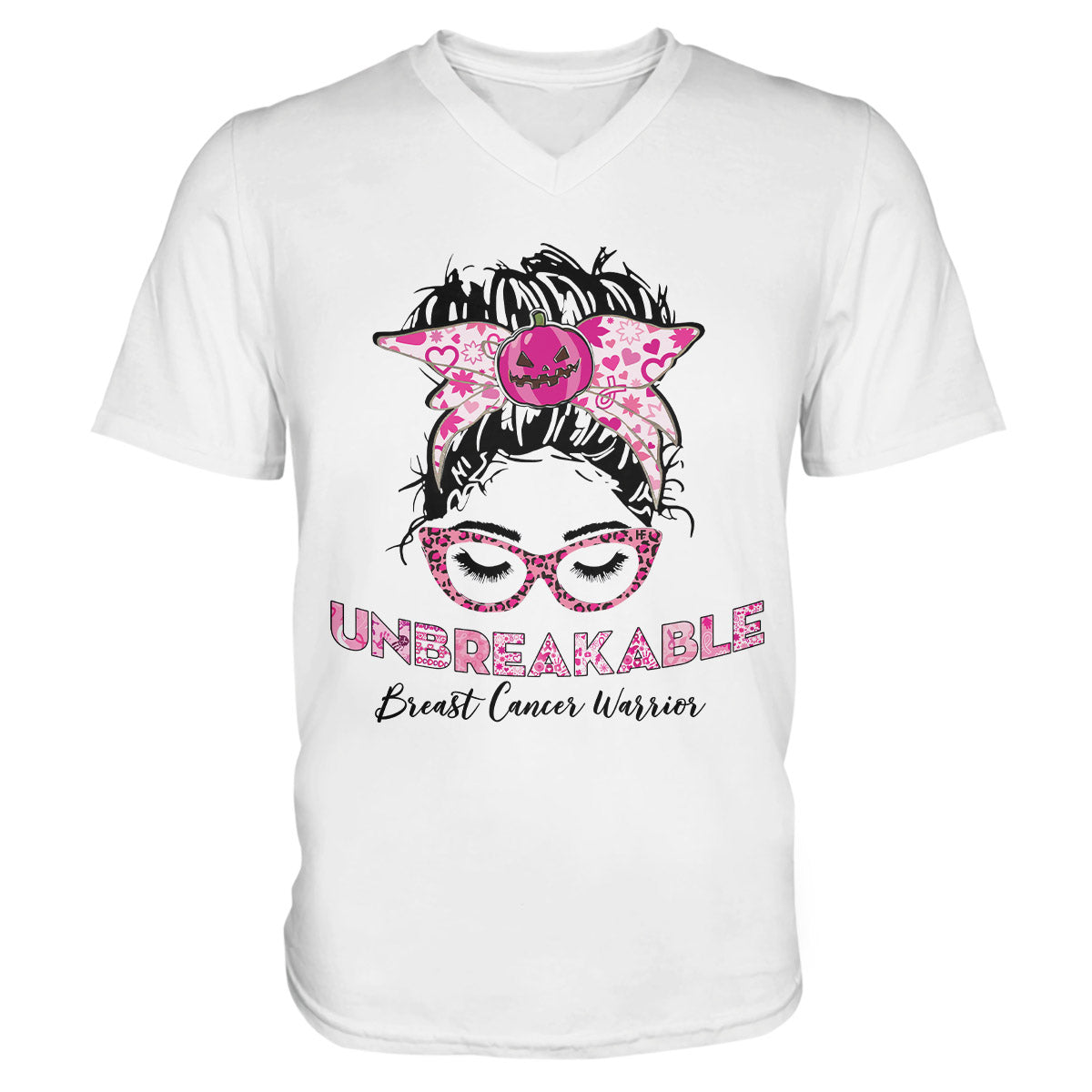 Unbreakable Breast Cancer Warrior, Pink Leopard Halloween Girl Unisex V-Neck T-Shirt