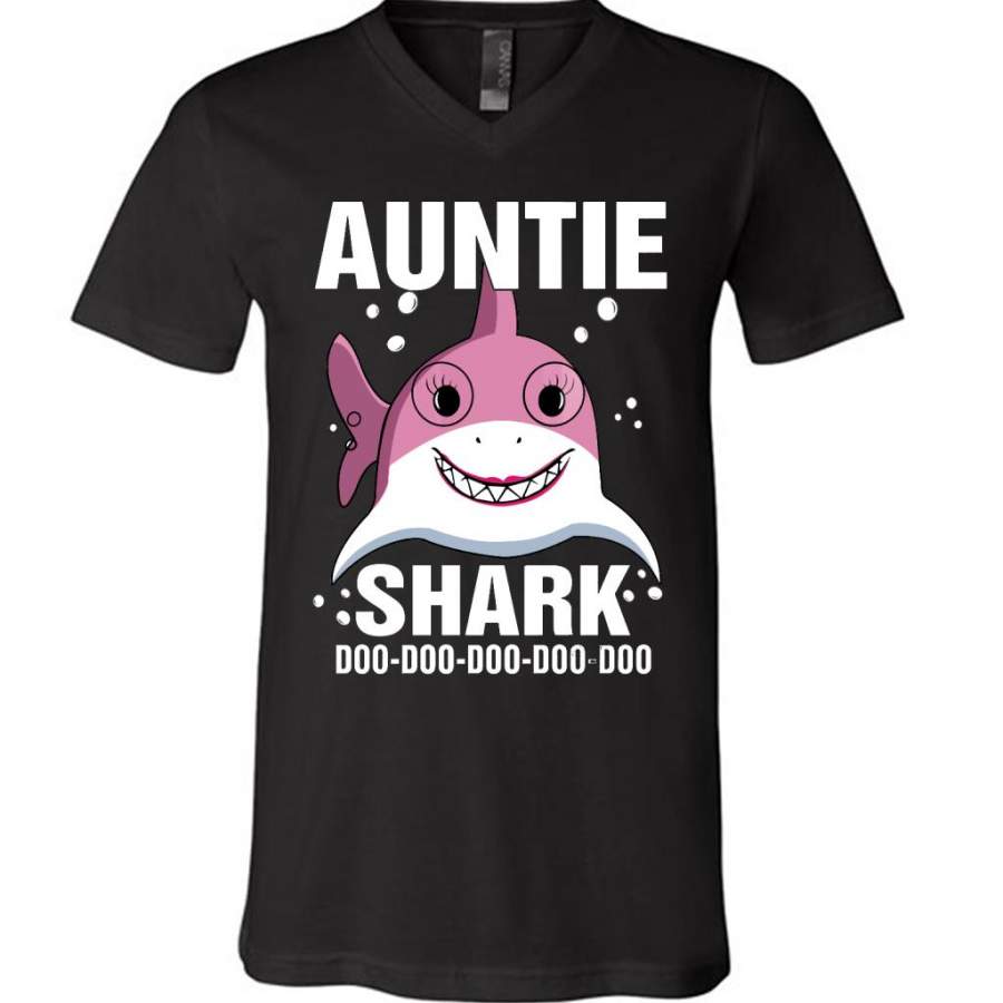 Auntie Shark Doo Doo Doo Doo Doo Doo – Canvas Unisex V-Neck Shirt