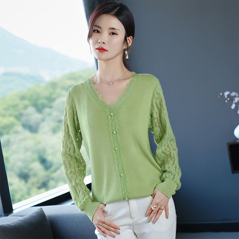 Chic Lace patchwork knitting Pullover Women Korean Fashion Hollow out Long sleeve Sweater Autumn Chic V-neck Knitwear Female alx