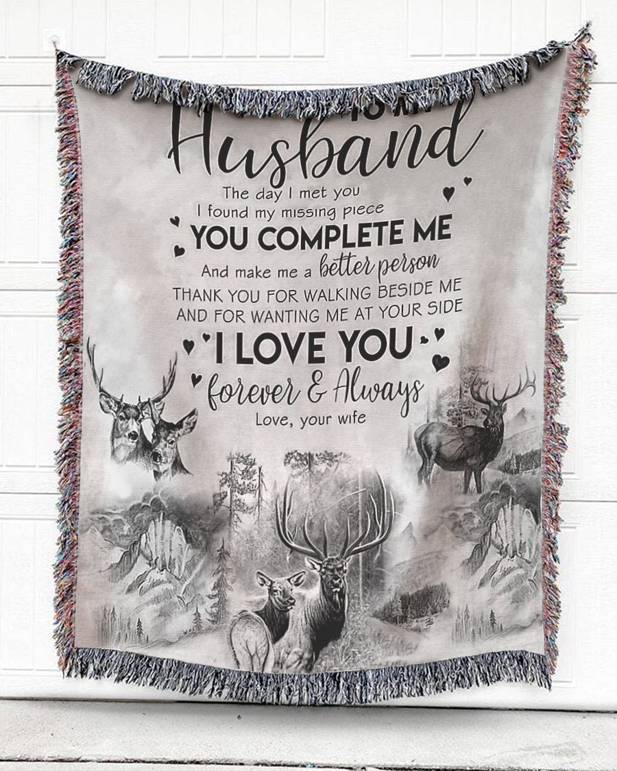 Woven Throw For Husband Wedding Anniversary Gift, You Complete Me, Cotton Blanket