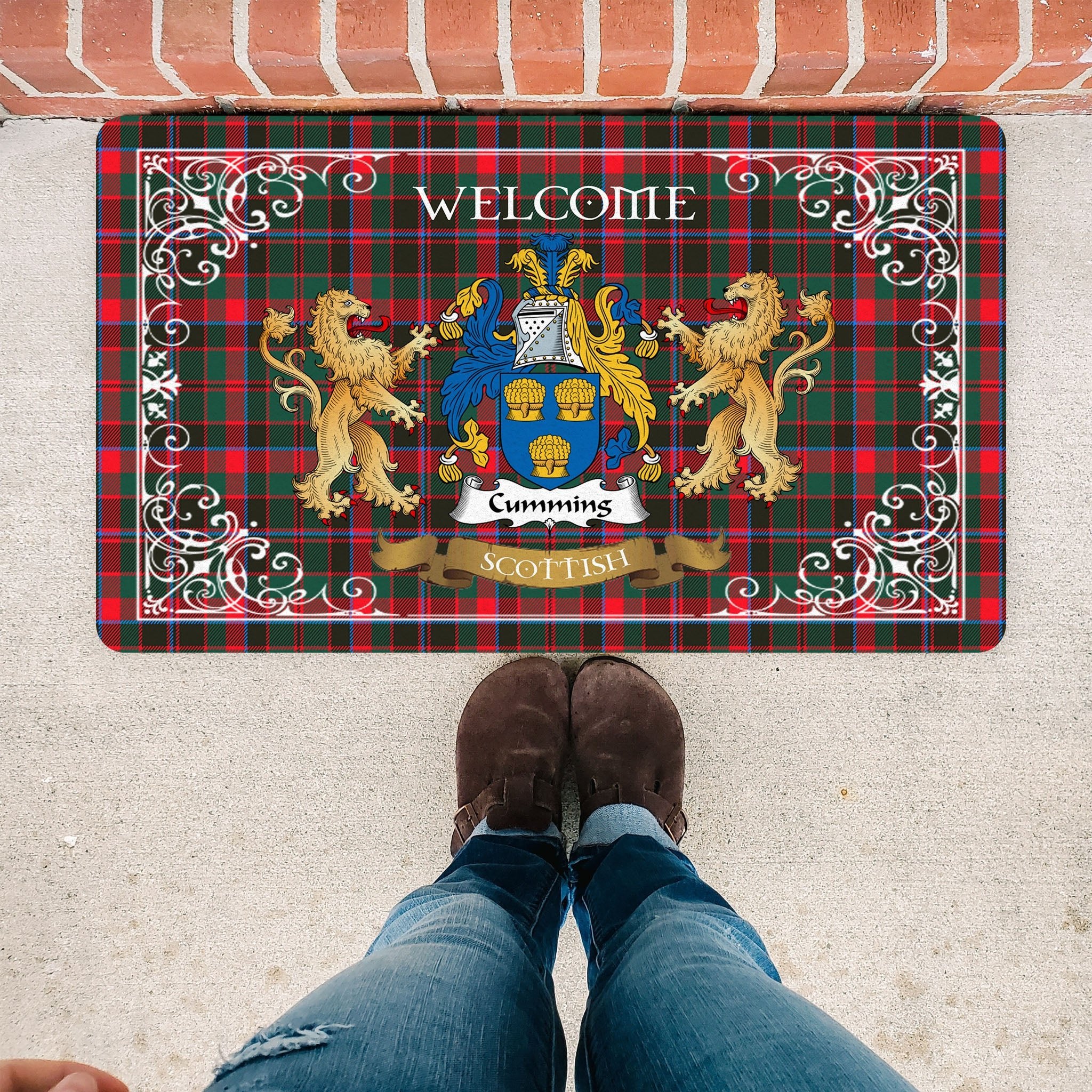 Scotstee Shop Tartan Door Mat The Family Cumming Hunting Modern Scottish Plaid Doormat, Welcome Mat, Christmas Door Mat