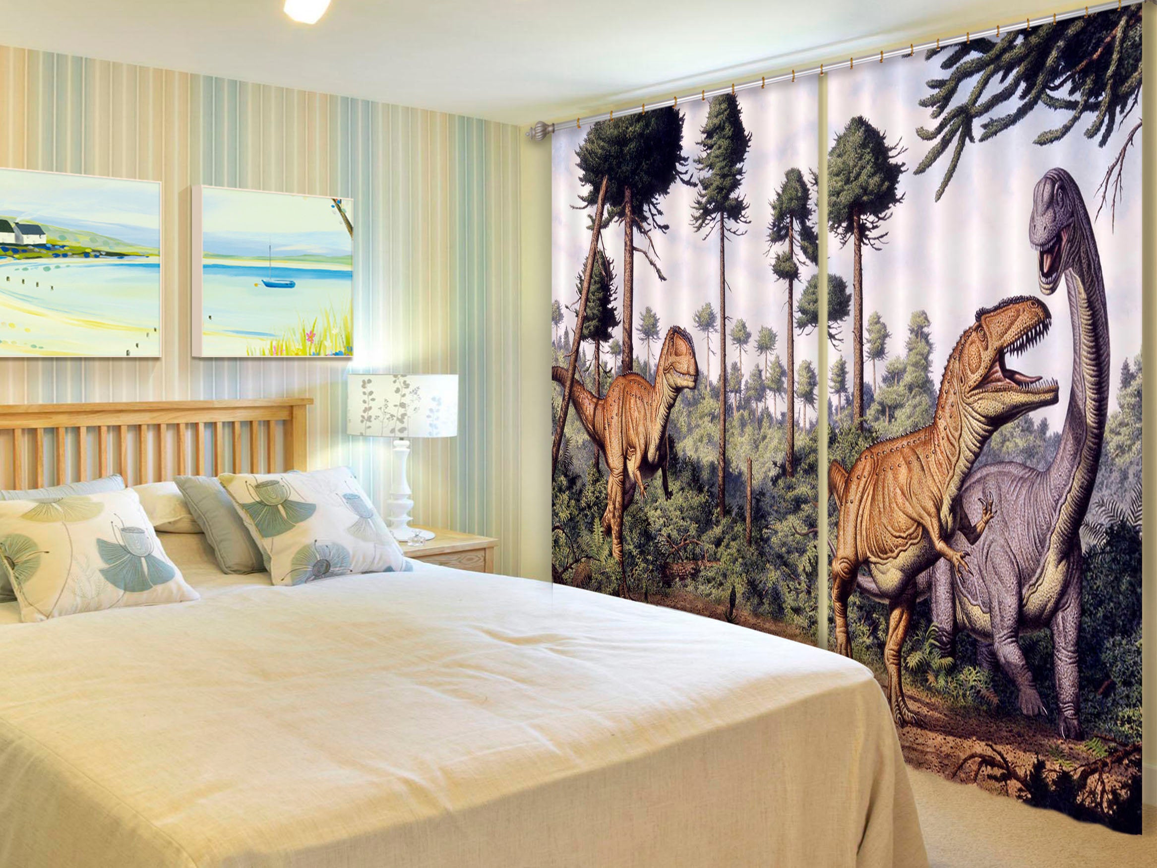 3D Dinosaur With Trees C044 Blockout Photo Curtain Print Curtains Drapes Fabric Window | 3D Large Photo Curtain, Jess Art Decoration Wallpaper