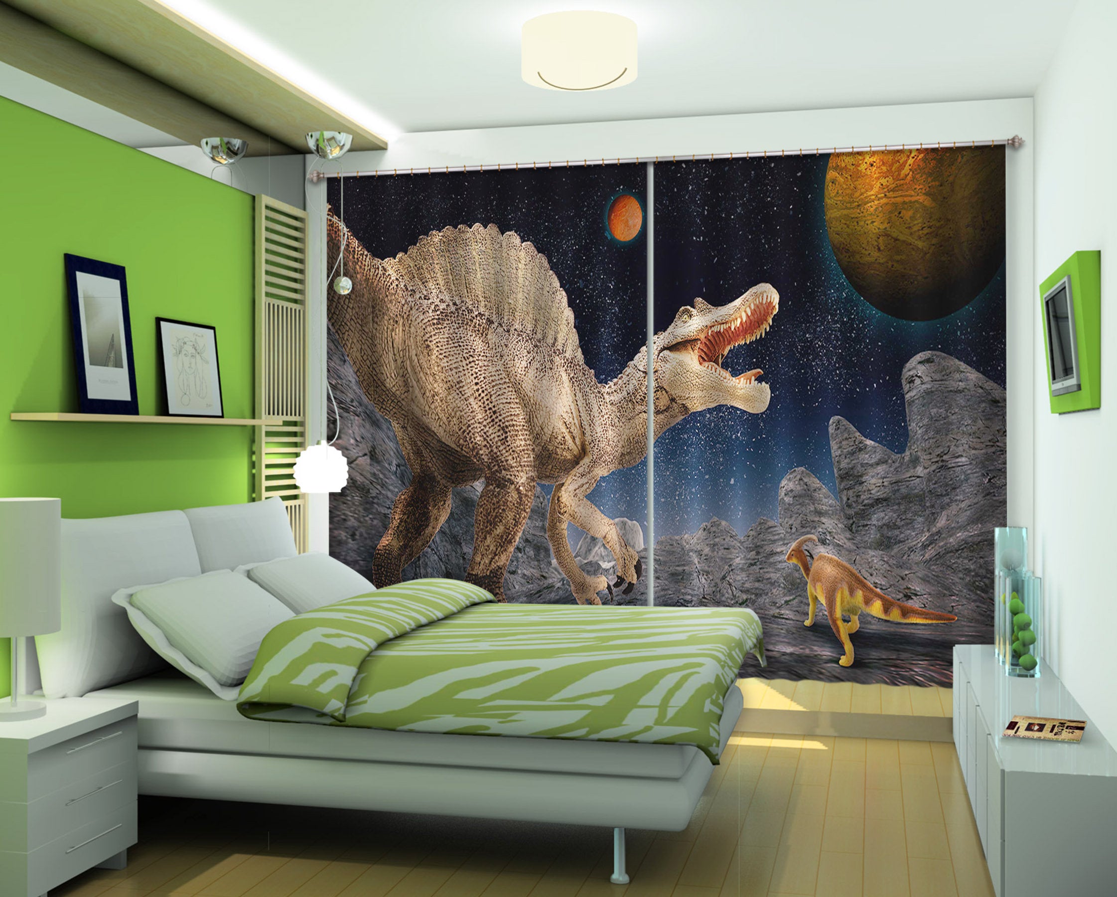 3D Dinosaur On The Planet C028 Blockout Photo Curtain Print Curtains Drapes Fabric Window | 3D Large Photo Curtain, Jess Art Decoration Wallpaper