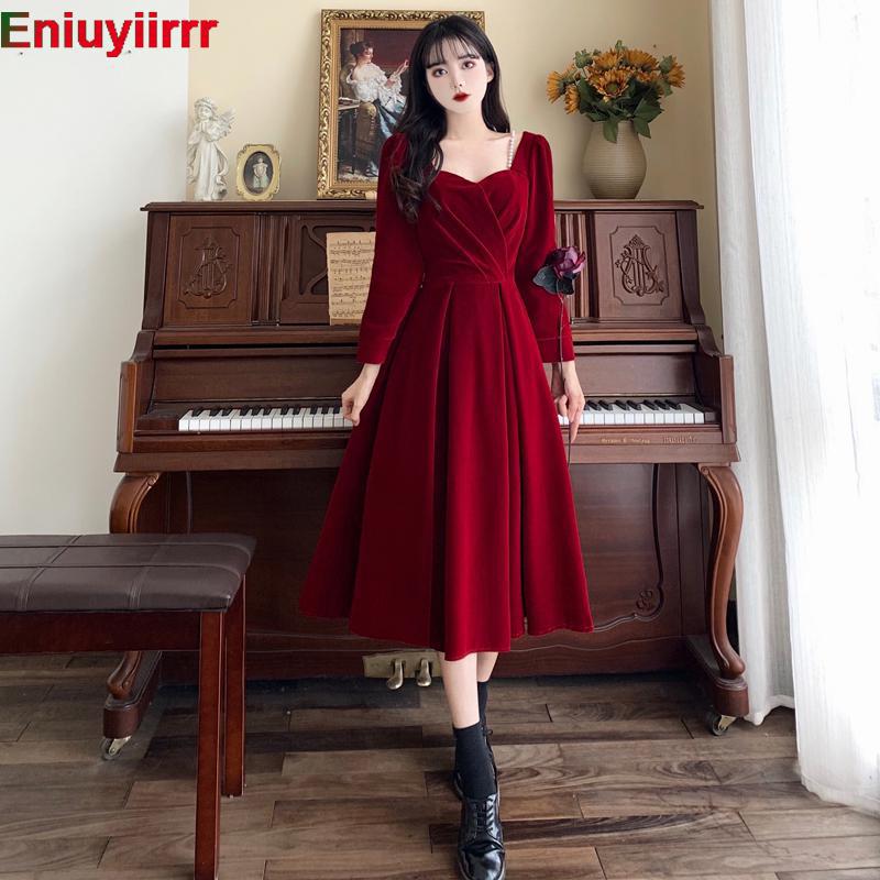 2022 Solid Square Neck Flared Elegant Velvet Dress Women Autumn Winte High Waist Ladies Fit And Flare Party Red Dresses 316 alx