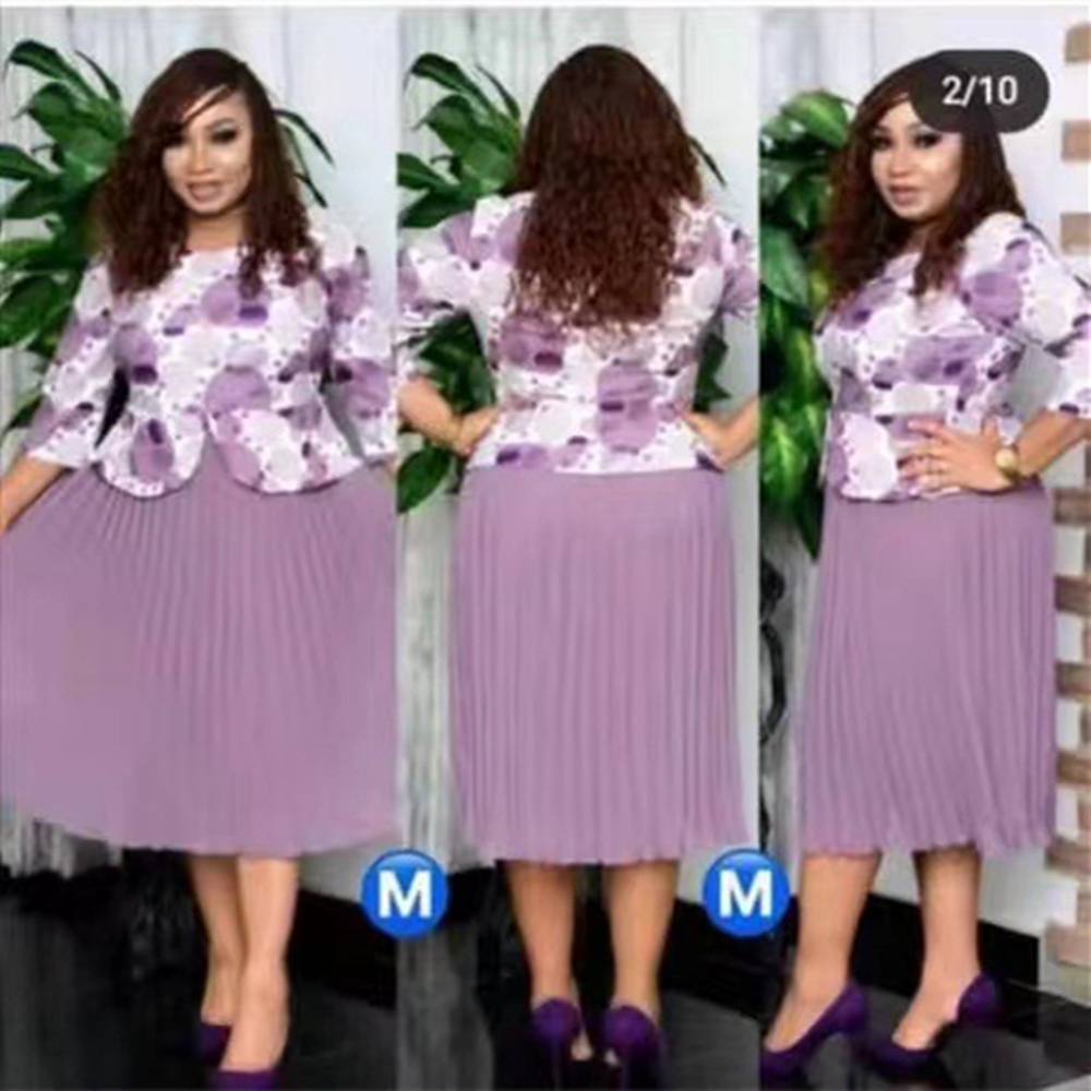 2021 Winter New Hot Sale African Style Plus Size Fashion Office Lady Dress Pleated Floral Print Dress Chiffon Skirt alx