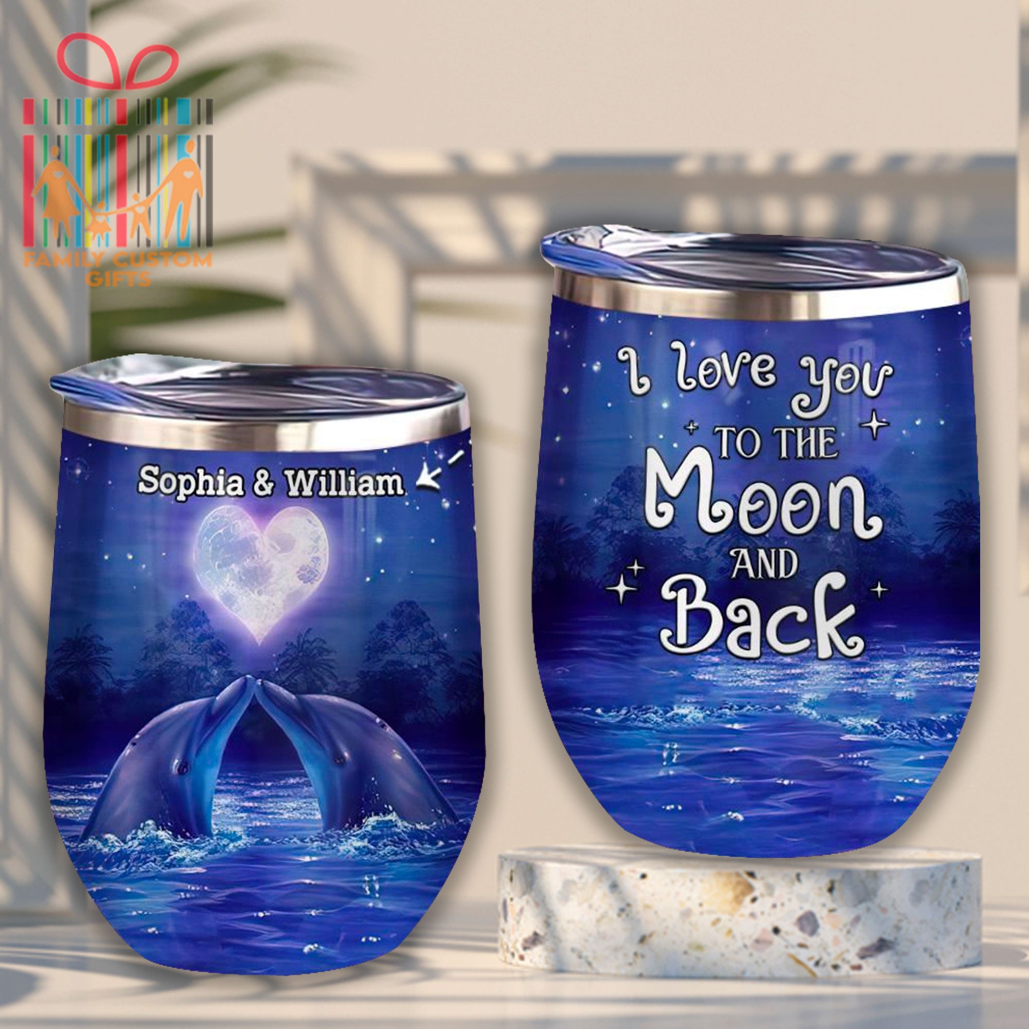 I Love You To The Moon And Back Dolphin Custom Tumbler Cups For Couple Personalized Stainless Steel Wine Glasses