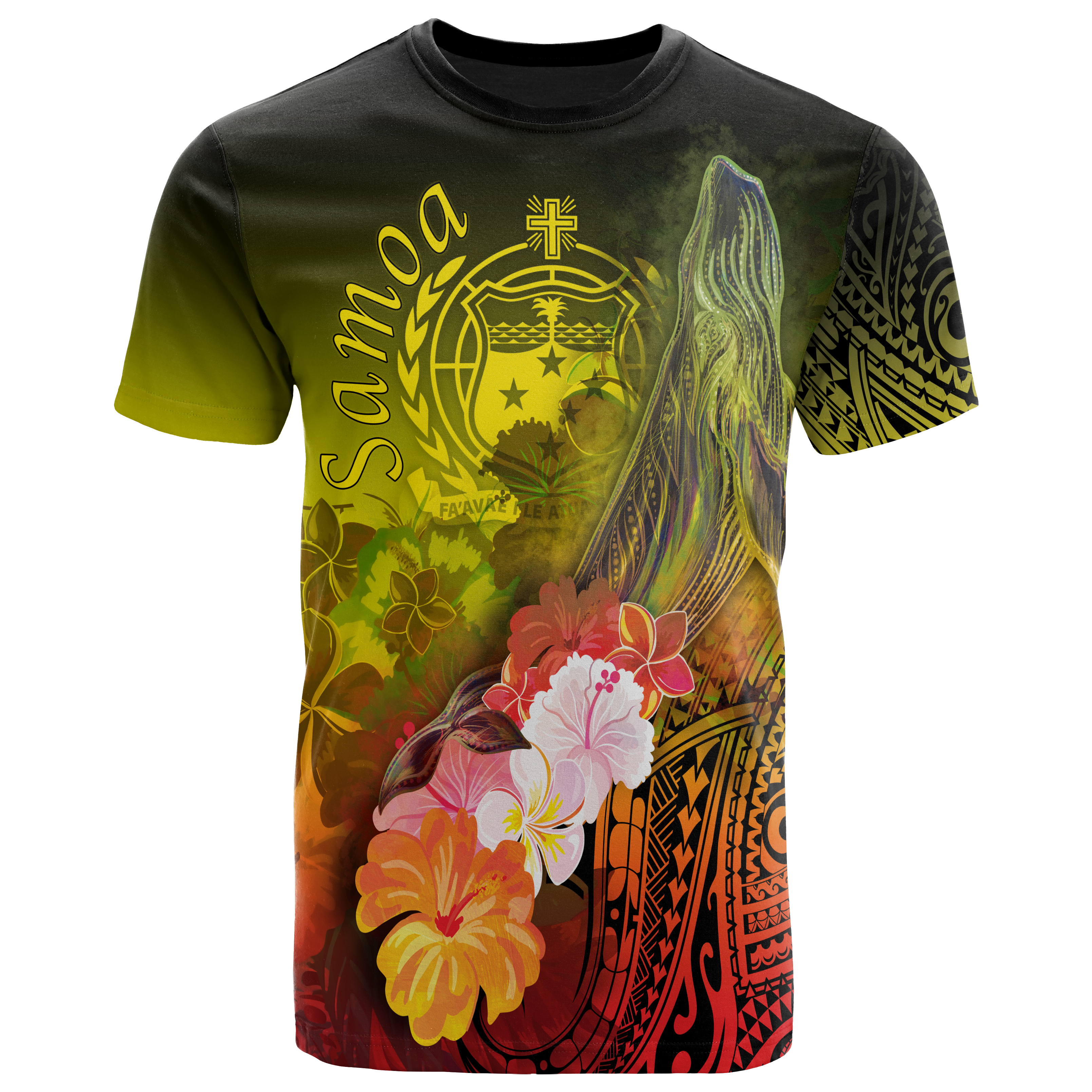 Samoa T-Shirts- Humpback Whale With Tropical Flowers (Yellow)