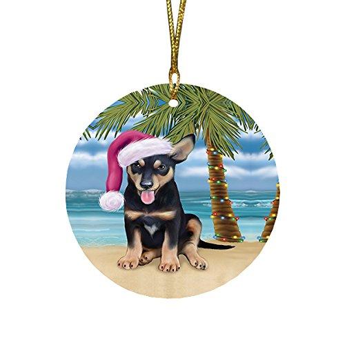 Summertime Christmas Happy Holidays Australian Kelpie Puppy On Beach Round Flat Ornament Por1239