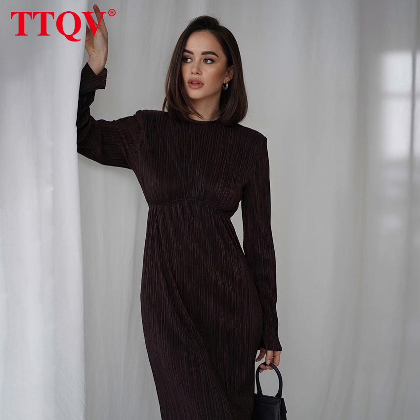 TTQV Winter O-Neck Green Women’S Dress Elegant Long Sleeve Bodycon Midi Dresses Female Casual Pleated Dress For New Year 2022 alx