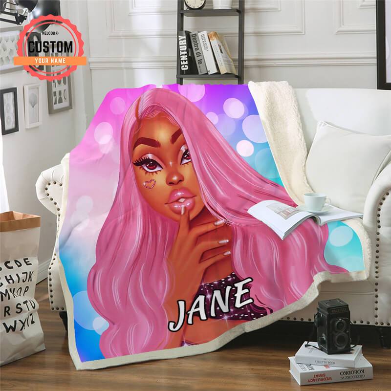 Pink Long-Haired Black Girl Custom Name Plush Fleece Blanket