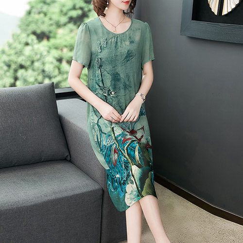 2022 Summer Silk Print High Quality Midi Dresses Fashion Vintage L-5XL Chiffon Runway Dresses Elegant Female Bodycon Vestidos alx