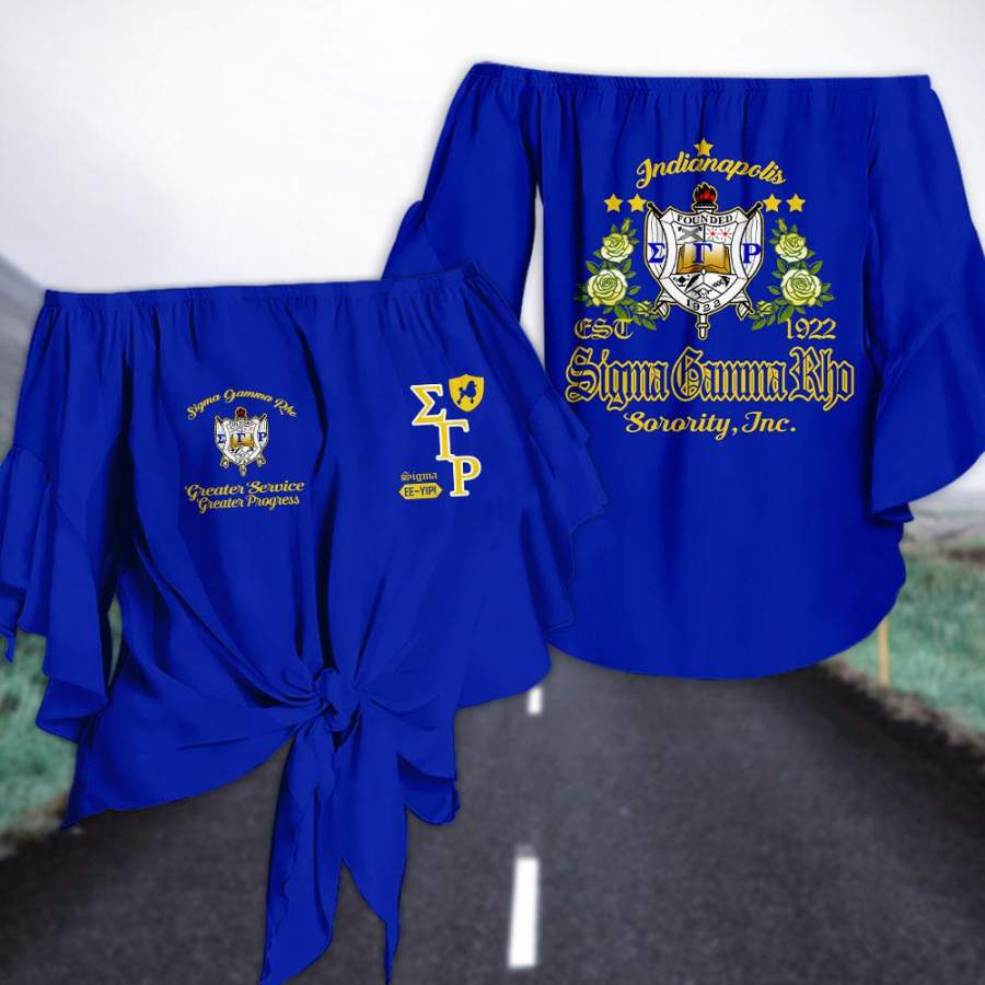 SIGMA GAMMA RHO TIE KNOT OFF SHOULDER SHIRT