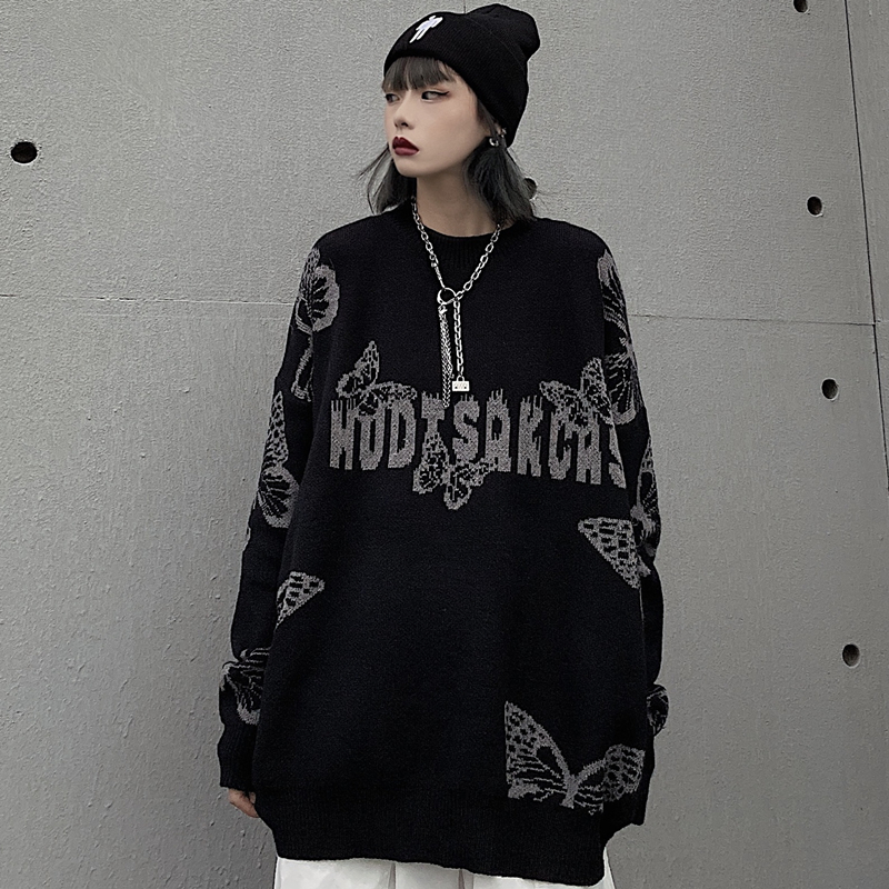 Women Man Butterfly Letter Rock Pull Sweaters Black Gothic Unisex Cool Pullover Sweater Autumn Winter Harajuku Street Jumpers alx