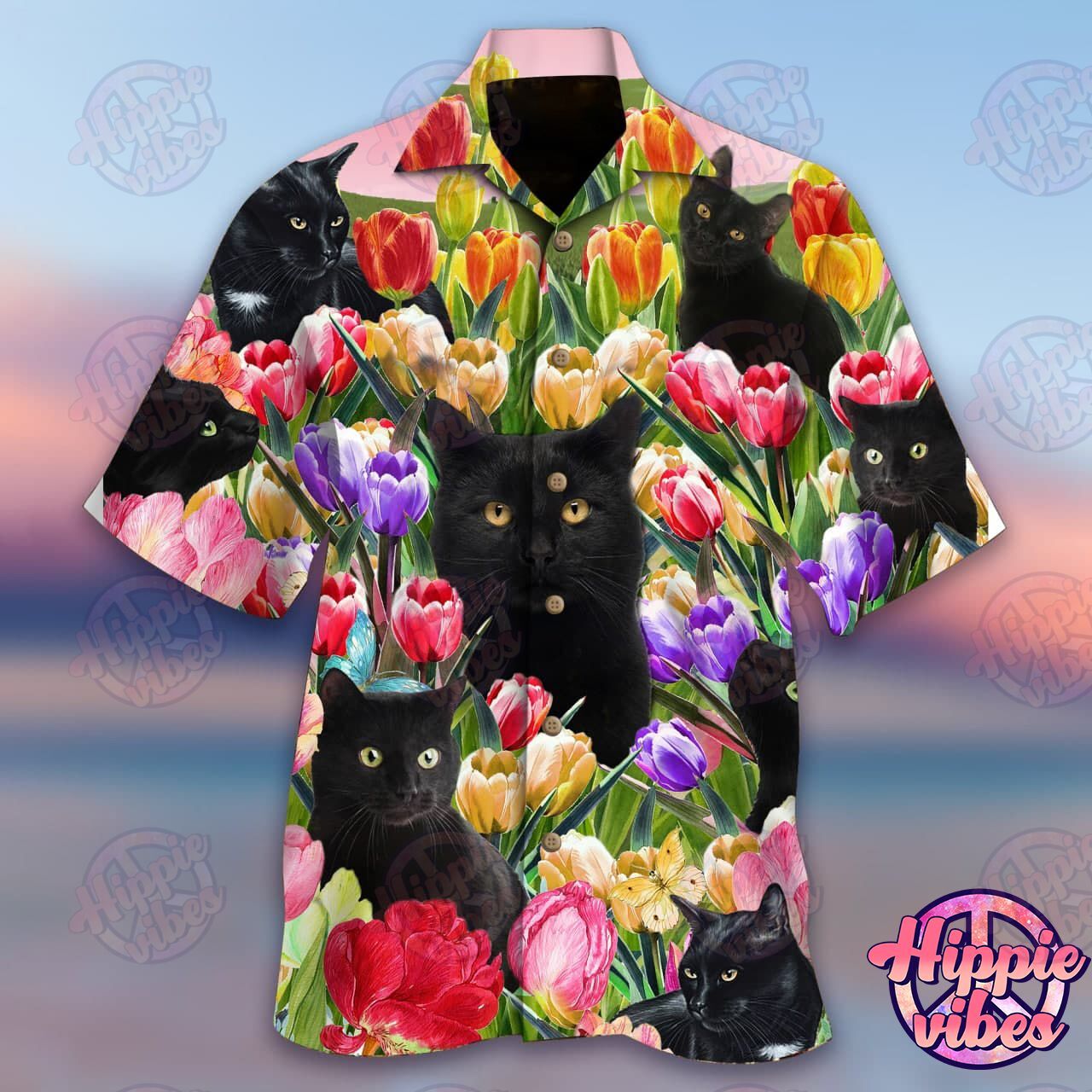 Cat And Tulip Garden Hawaiian Shirt Ha93191