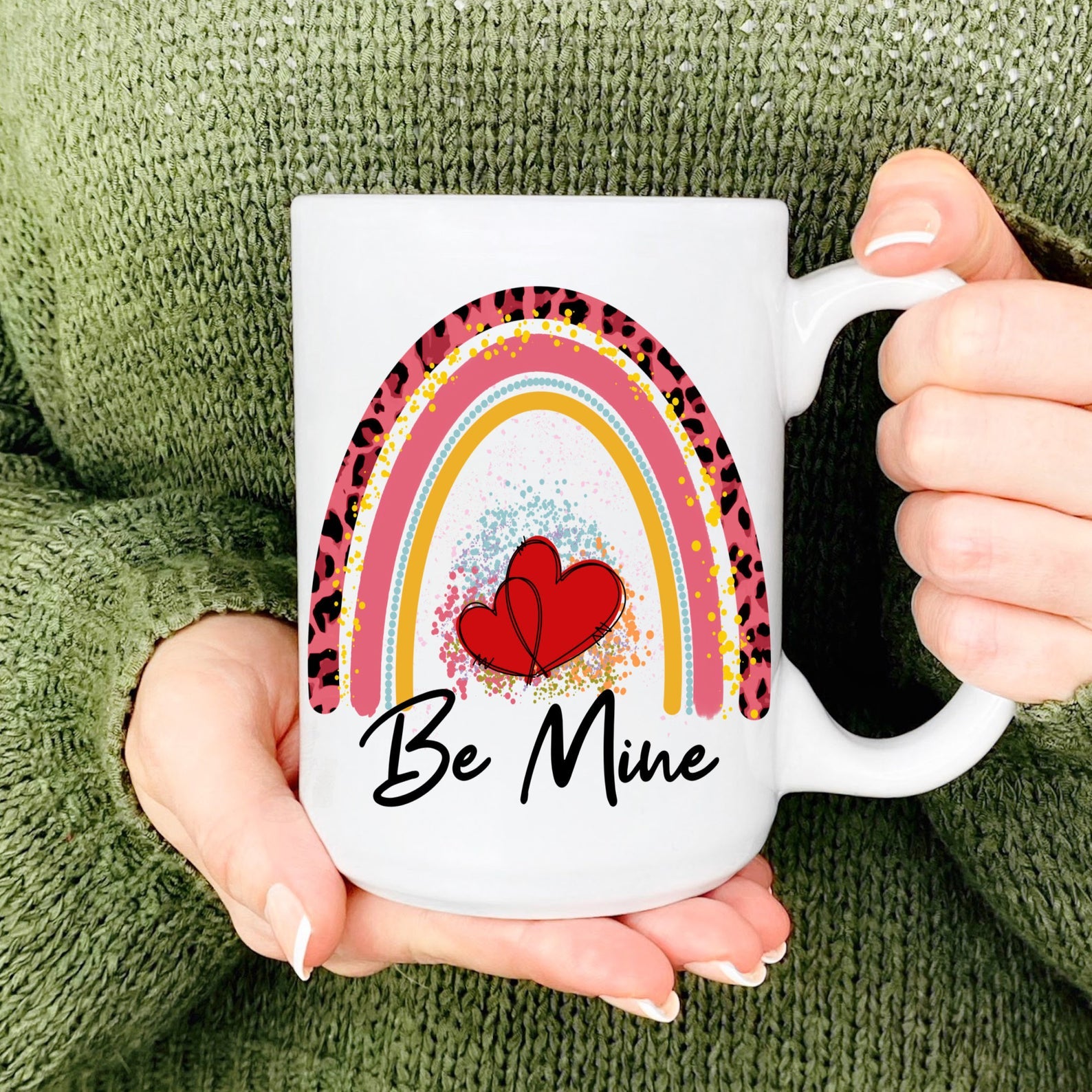 Valentines Day Be Mine Rainbow Heart Leopard Print Girlfriend Boyfriend Gift For Him Gift For Her Mug White Ceramic 11-15Oz Coffee Tea Cup