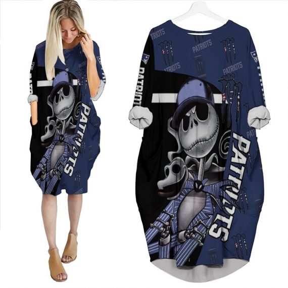 Jack Skellington Monster Energy New England Patriots 3D Batwing Pocket Dress Womens Oversized Loose Dress