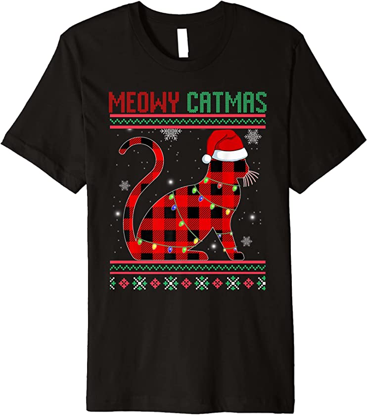 Meowy Catmas Plaid Cat Kitten Lover Ugly Christmas Sweater Premium T-Shirt