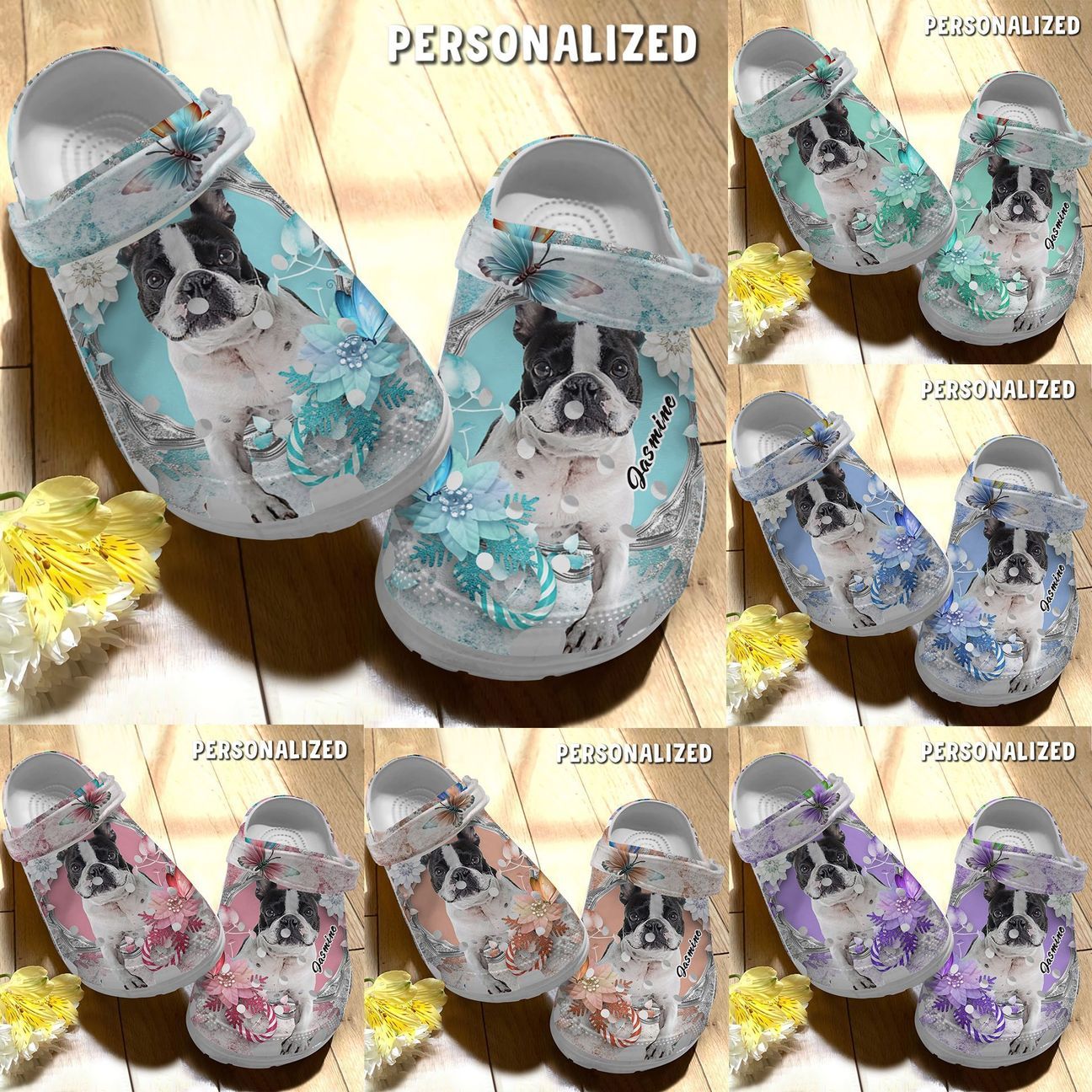 Boston Terrier Personalized Clog, Custom Name, Text Boston Terrier Butterfly, Fashion Style For Women, Men, Kid, Print 3D