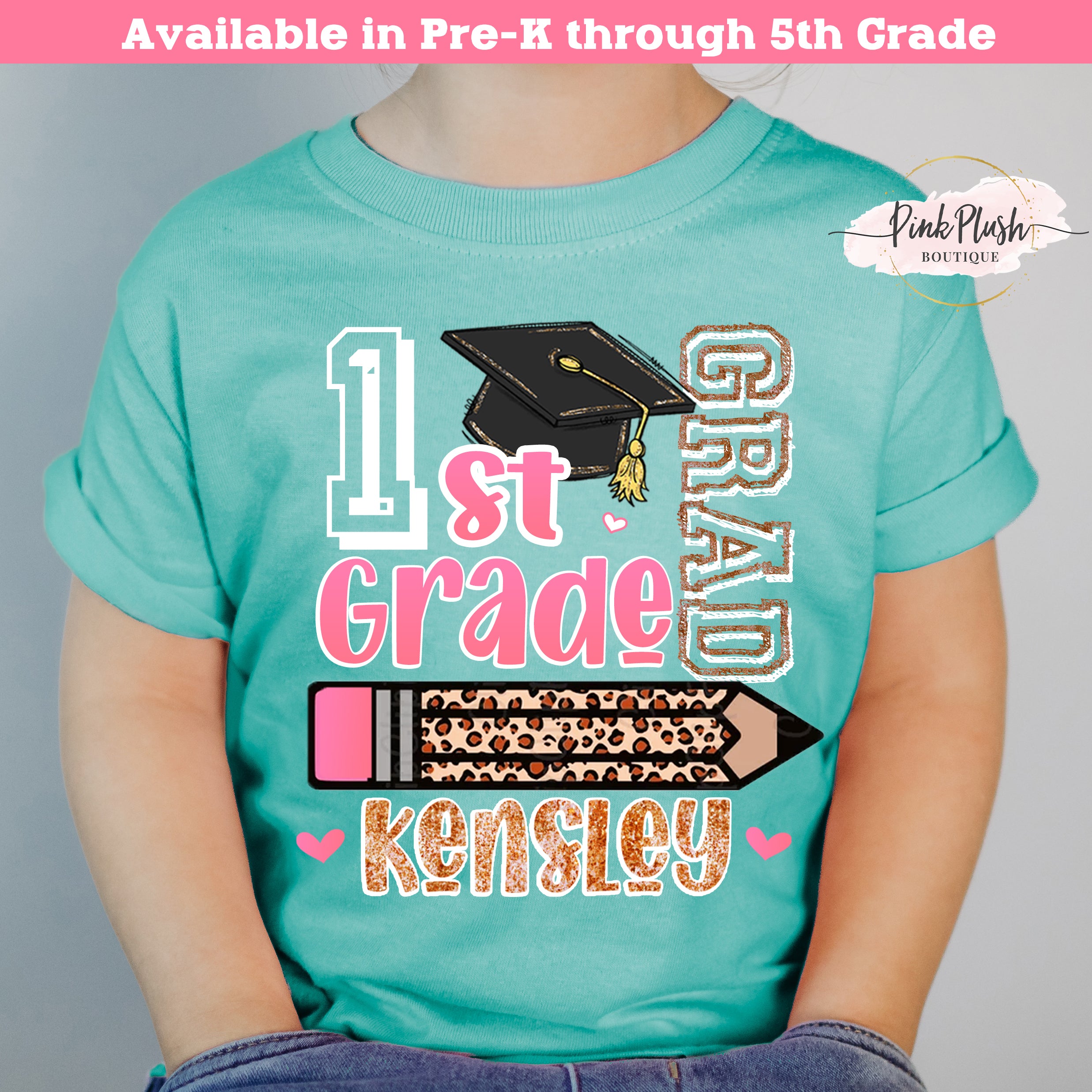 New! Personalized “Grad” Leopard Pencil Graduation Tshirt (Pre-K – 5Th)