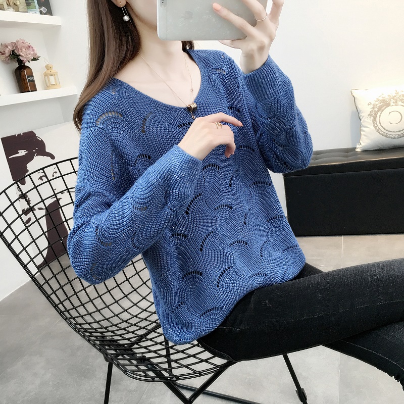 Spring 2022 new hollow loose sweater knitted pullover women’s wear outer top thin green temperament alx