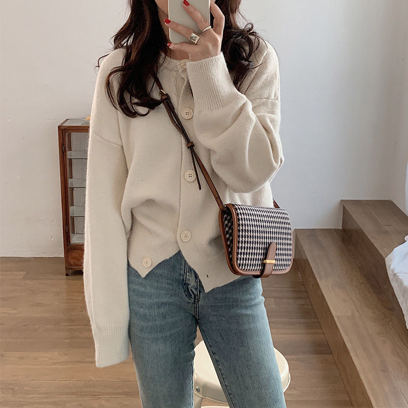 2021 Autumn Knitted Female Cardigan Loose Streetwear Solid Sweater Coats Cute O Neck Knitted Cardigan Women Knitted Jacket Tops alx