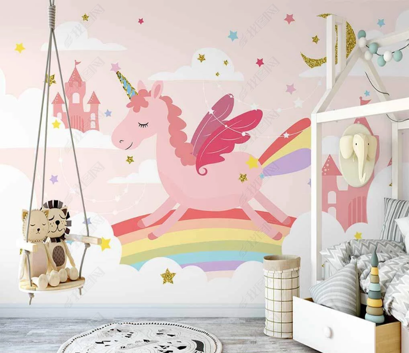 3D Cartoon Rainbow Pink Castle Unicorn Animal Moon Star Wall Mural Wallpaper Lxl