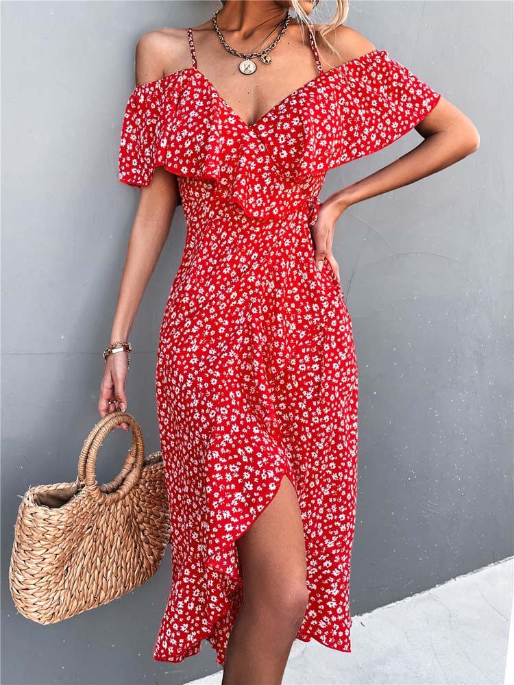 2022 Summer Long Floral Dress Women Elegant Ruffle Maxi Dress Ladies Deep V Neck Spaghetti Strap Flower Party Dress For Women alx