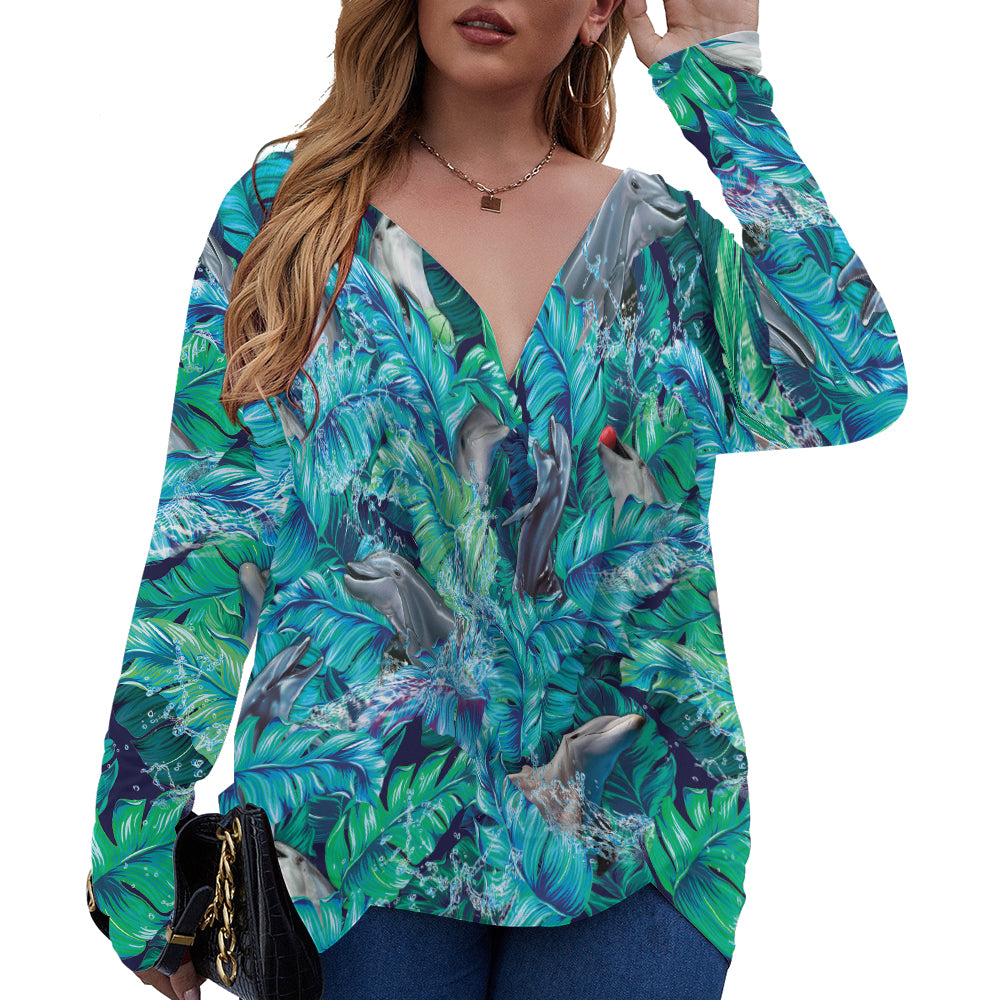 Dolphin Tropcial Monstera V-Neck Long Sleeve Plus Size T-Shirt