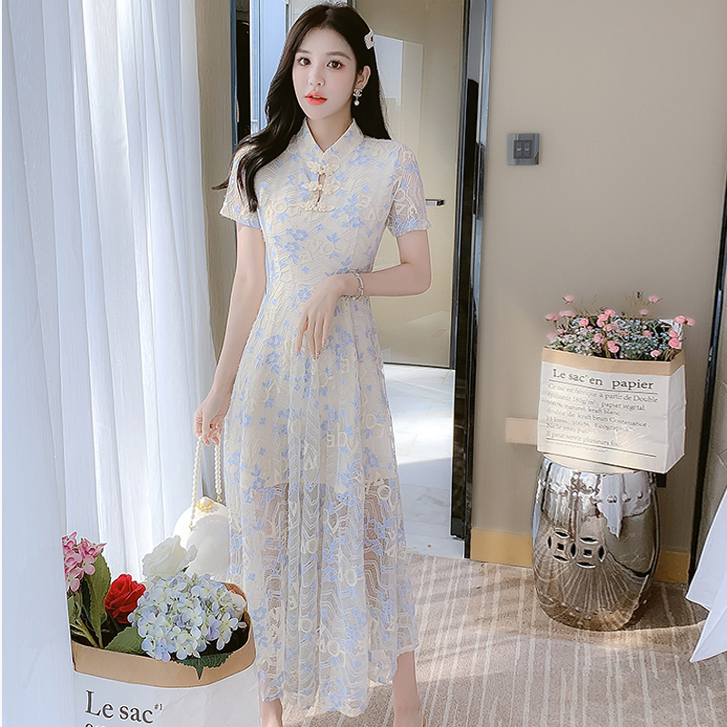 Women Lace Daily Casual Dress Summer New Long Qipao Print Flower Chinese Cheongsam Size 2XL Dresses vestido verano mujer alx