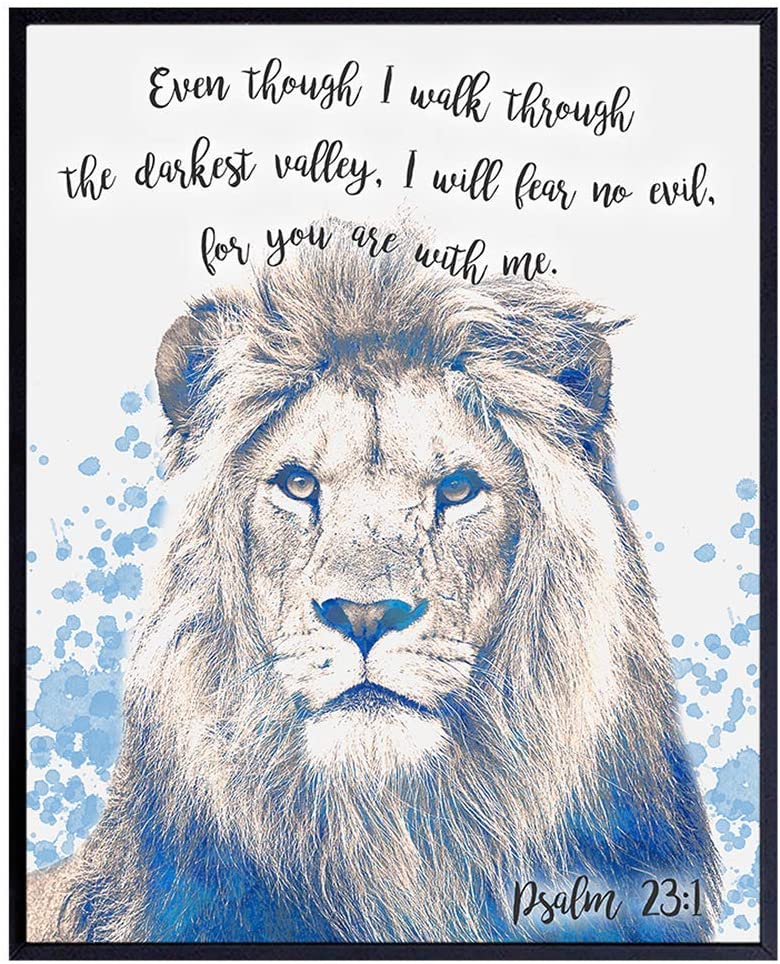 Skitongifts Poster No Frame, Even Though I Walk Through The Darkest Valley Psalm 23 Bible Verse Quote Lion, Wall Art Decor