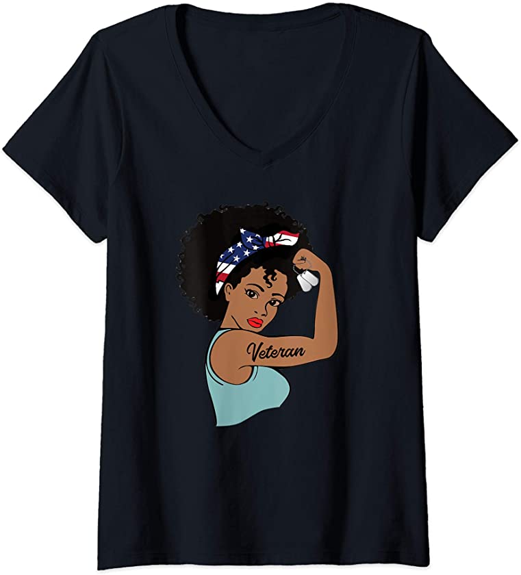 Womens Strong Female Veteran T-shirt, African American Girl Veteran V-Neck T-Shirt