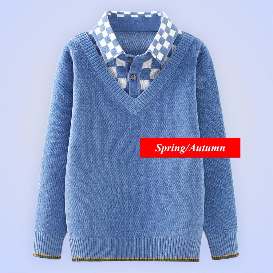 Boys Lattice Lapel Collar Sweaters Autumn Winter Fashion Chenille Children’s Knitted Warm Pullovers Can Match Velvet alx