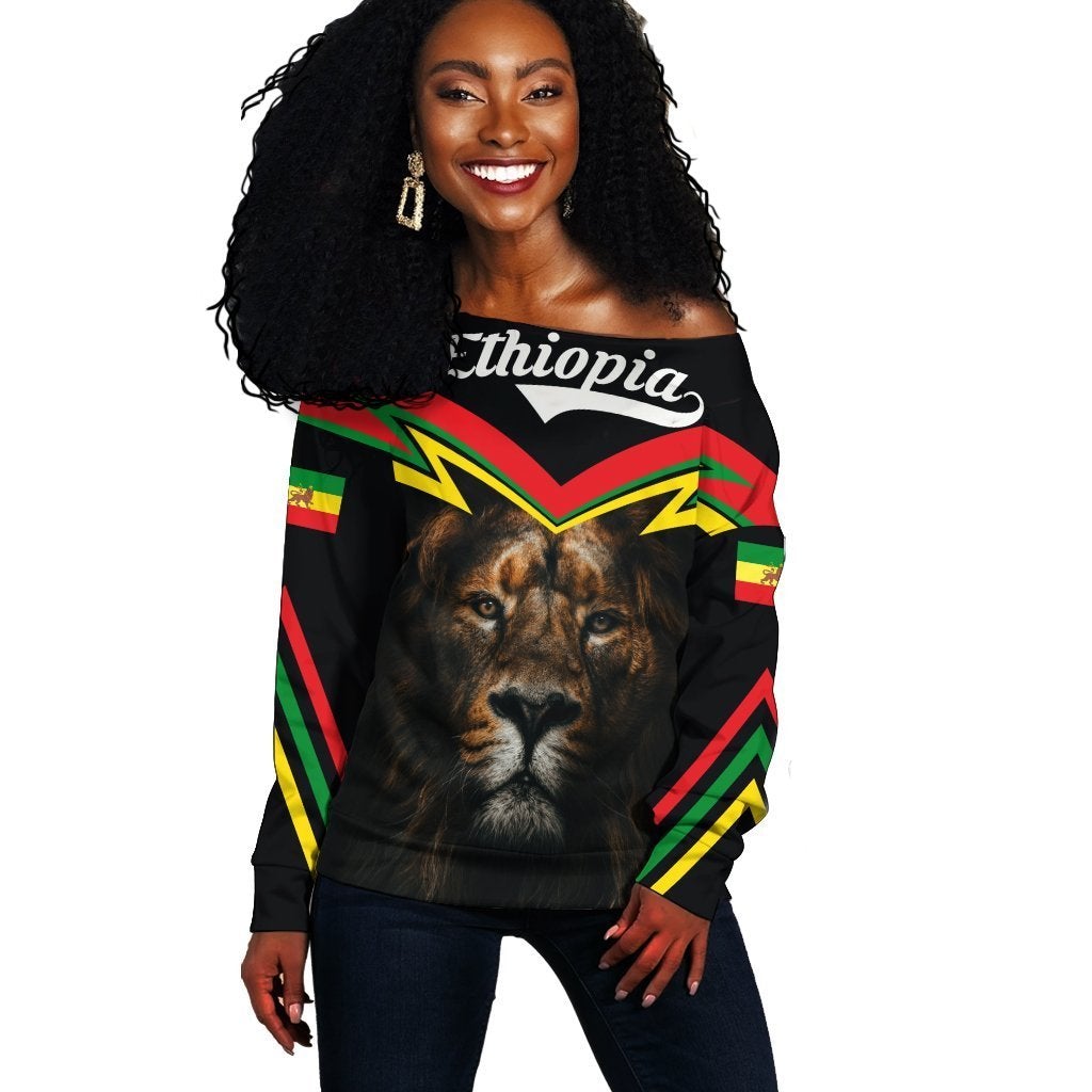 Wonder Print Shop Sweater – Ethiopia Lion Roar Women Off Shoulder