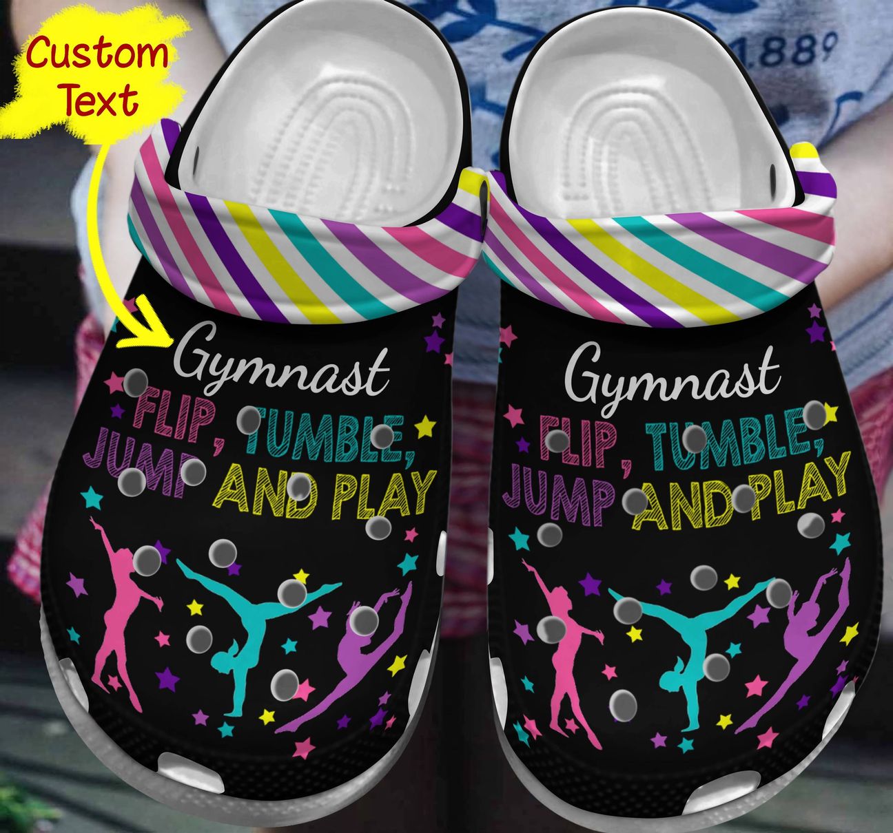 Gymnastics Personalized Clog, Custom Name, Text, Color, Number Fashion Style For Women, Men, Kid, Print 3D Flip Tumble Jump And Play