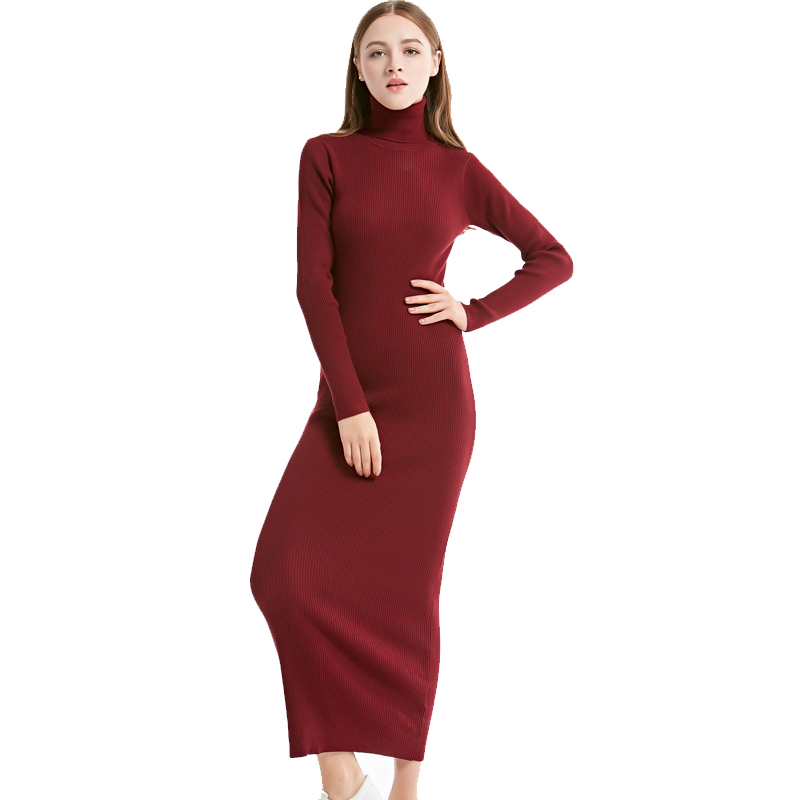 2022 New Fashion Women Sexy Party Dress Knit Style Long Sleeve Turtleneck Winter Maxi Dress Slim Work Wear Office Dress Vestidos alx