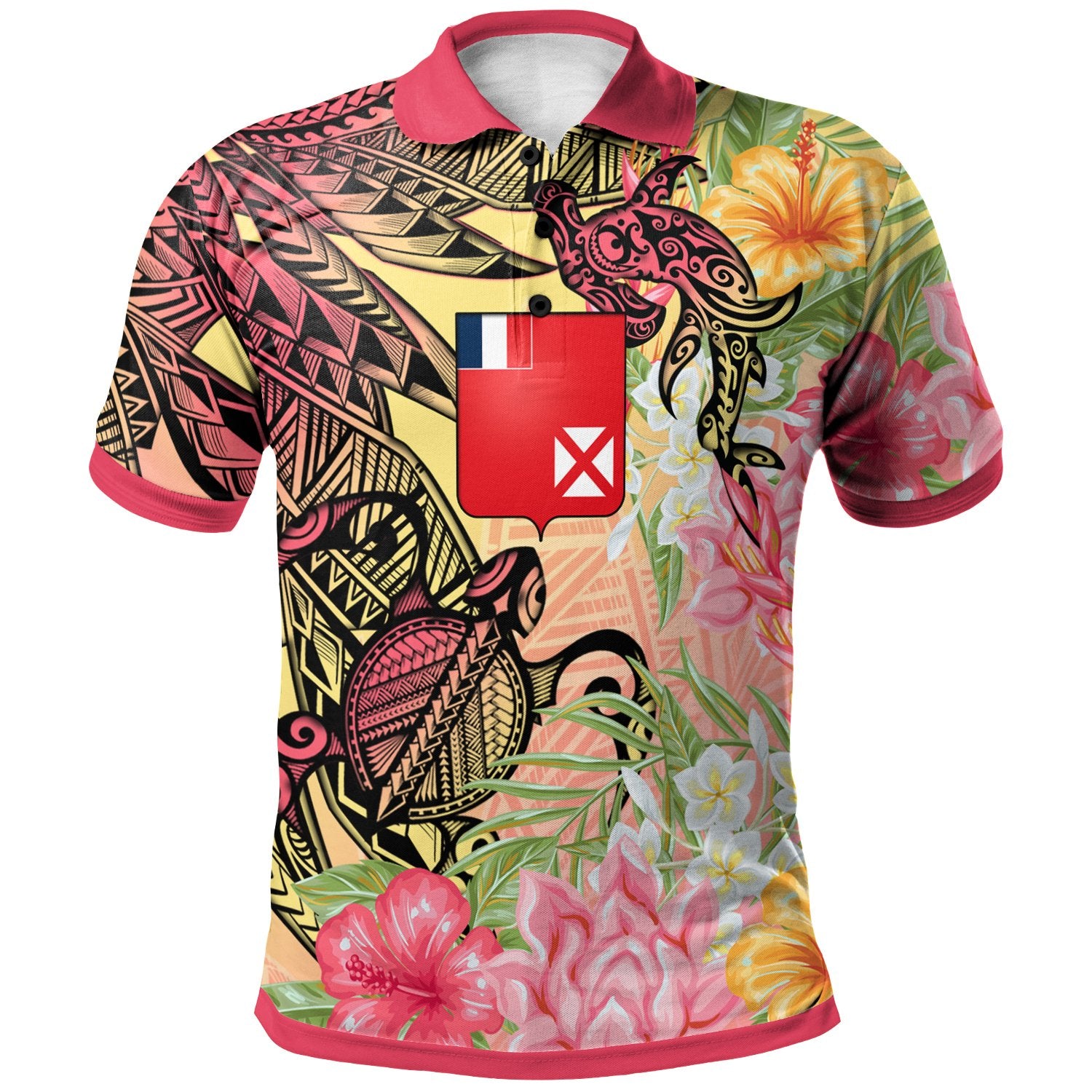 Wallis And Futuna Polo Shirt –  Flowers Tropical With Sea Animals