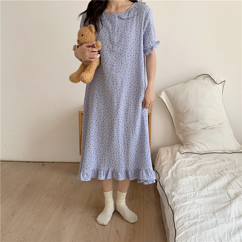 Summer Cotton Gauze Nightgown Women Vintage Floral Print Ruffles Sleep Dress Home Clothes Short Sleeve Nightshirt soft D226 alx