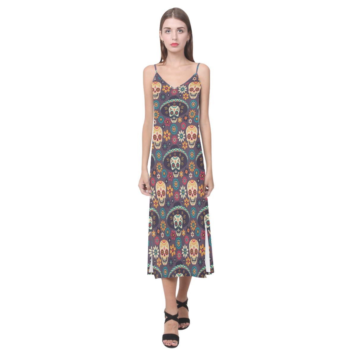 Sugar skulls flower maxican pattern V-Neck Open Fork Long Dress