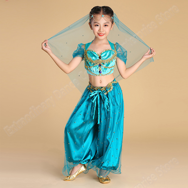 Belly Dance Jasmine Princess Costume Aladdin Halloween Outfit Princess Teal For Women Girls Bollywood Top Pants Veils Children alx